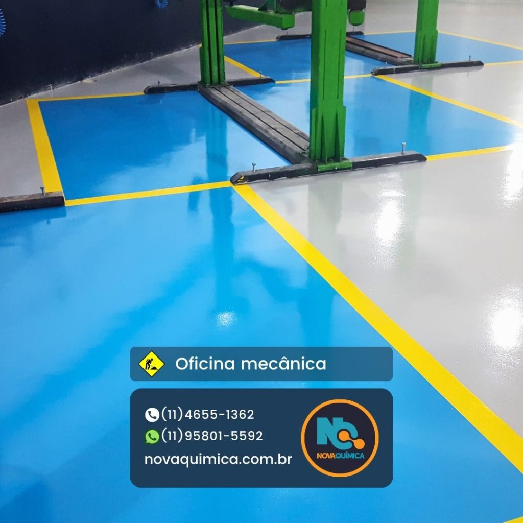 Pintura e demarcação de piso em  oficina mecânica, obra executada pela NOVA QUÍMICA REVESTIMENTOS EM PISOS INDUSTRIAIS. Peça um orçamento sem compromisso em nosso WhatsApp (11) 958015592. Atendemos indústria e comércio em todo o Brasil.