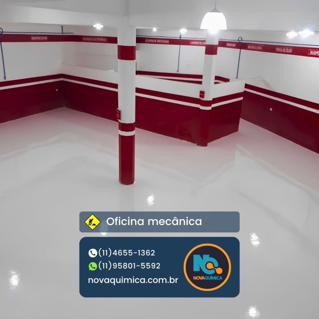 Pintura e demarcação de piso em  oficina mecânica, obra executada pela NOVA QUÍMICA REVESTIMENTOS EM PISOS INDUSTRIAIS. Peça um orçamento sem compromisso em nosso WhatsApp (11) 958015592. Atendemos indústria e comércio em todo o Brasil.